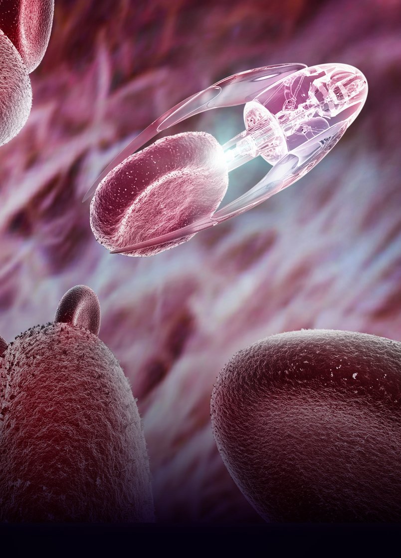 Impression of a medical nanotechnology robot probe using light to treat red blood cells
