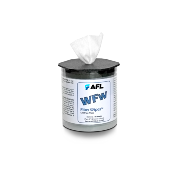 The image shows a package of specialized fiber-optic cleaning wipes. The wipes are stored in a clean, compact dispenser designed for cleaning fiber-optic connectors and delicate surfaces. The image shows a package of specialized fiber-optic cleaning wipes. The wipes are stored in a clean, compact dispenser designed for cleaning fiber-optic connectors and delicate surfaces.
